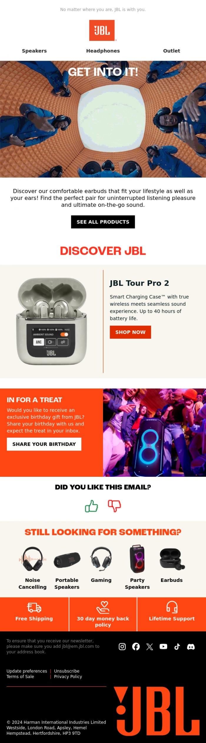 Email Design Inspiration from JBL, JBL quality sound in every shape and size.
