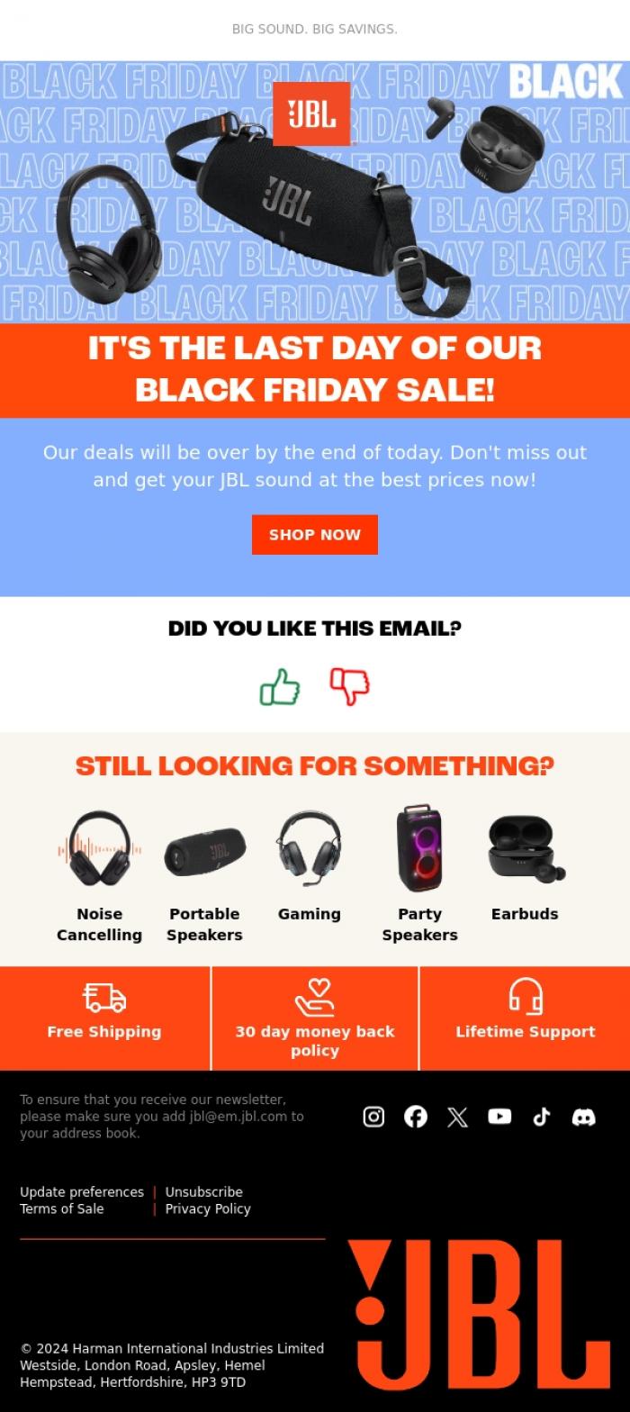 Email Design Inspiration from JBL, Last day of the JBL Black Friday sale