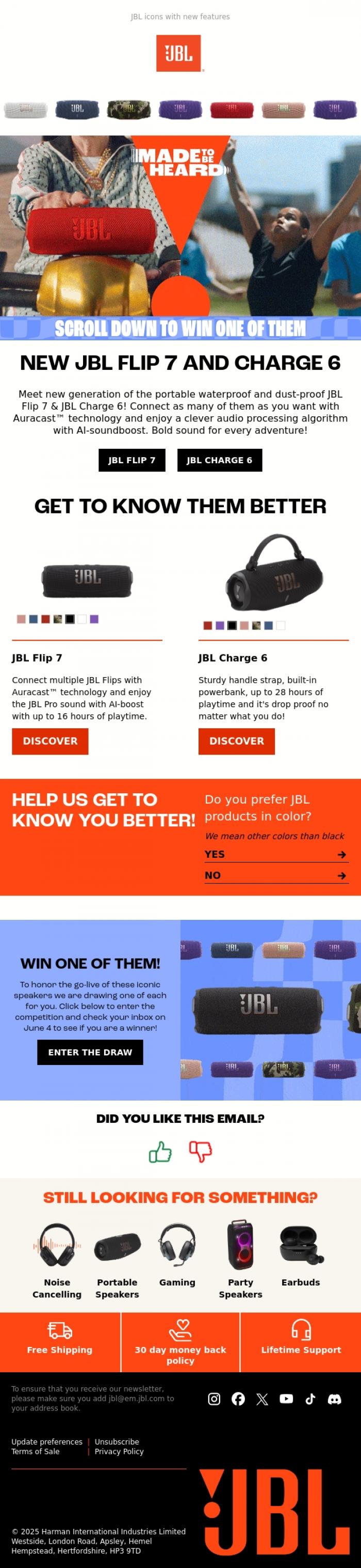 Email Design Inspiration from JBL, NEW: JBL Flip 7 & Charge 6