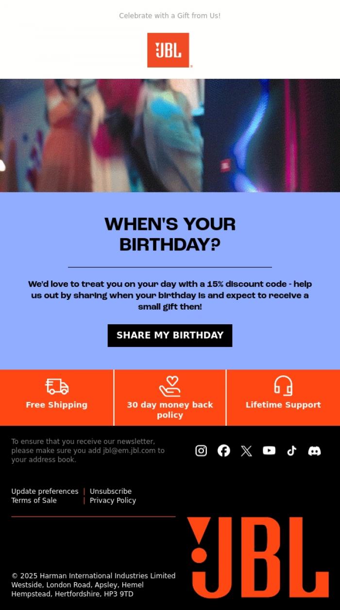 Email Design Inspiration from JBL, When's your birthday?