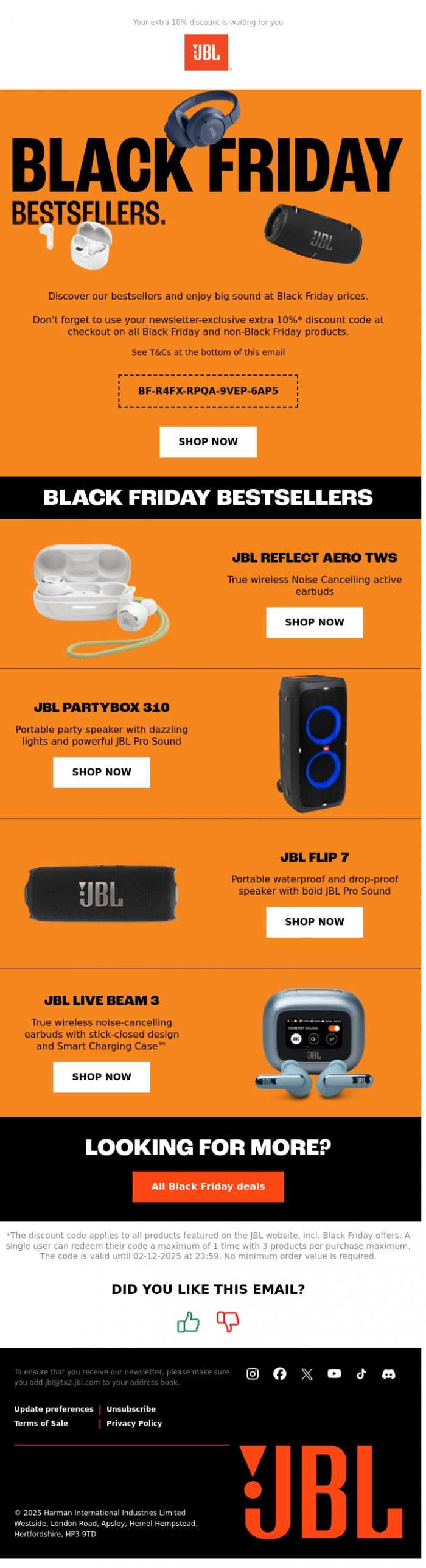 Email Design Inspiration from JBL, Black Friday bestsellers