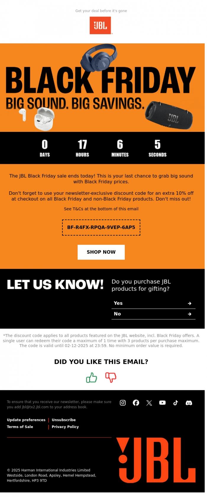 Email Design Inspiration from JBL, Last day of the JBL Black Friday sale