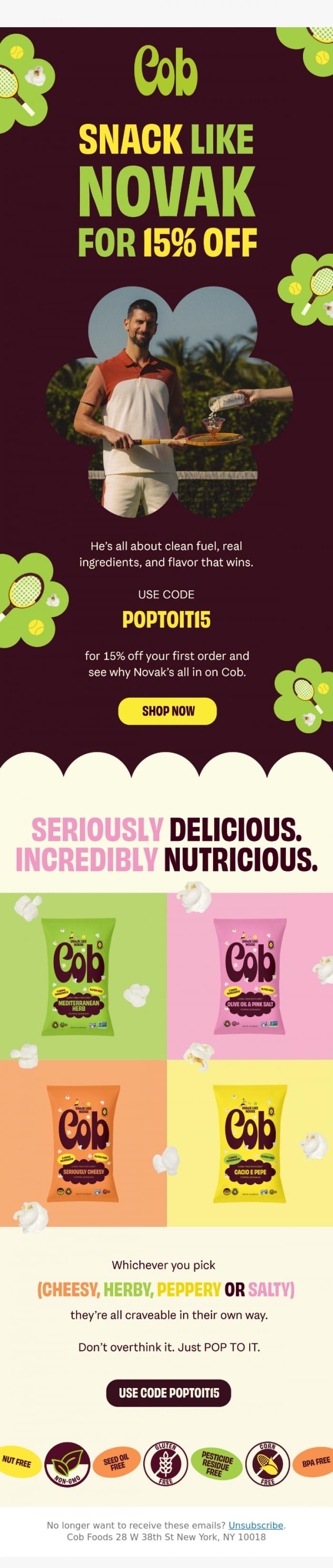 Email Design Inspiration from Jess @ Cob, First order, best order. Save 15%.