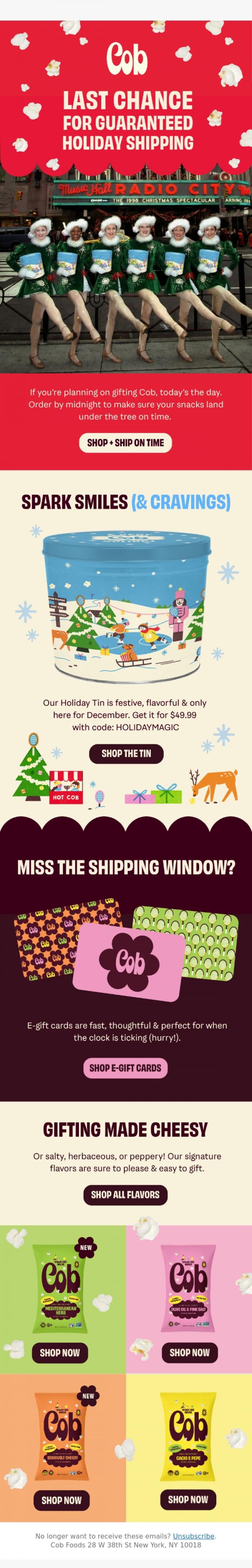 Email Design Inspiration from Jess @ Cob, last day to get your snacks in time for 🎄🎁🎅🏻