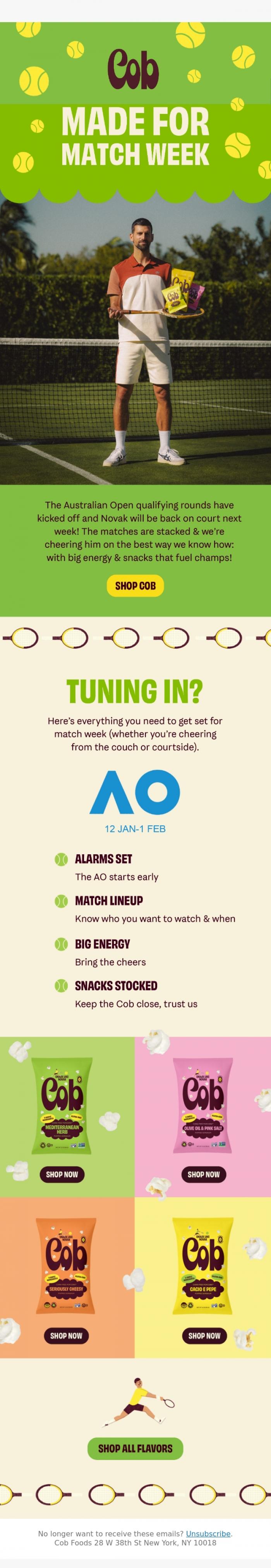 Email Design Inspiration from Jess @ Cob, The Snack Novak packs for big games 🇦🇺🎾