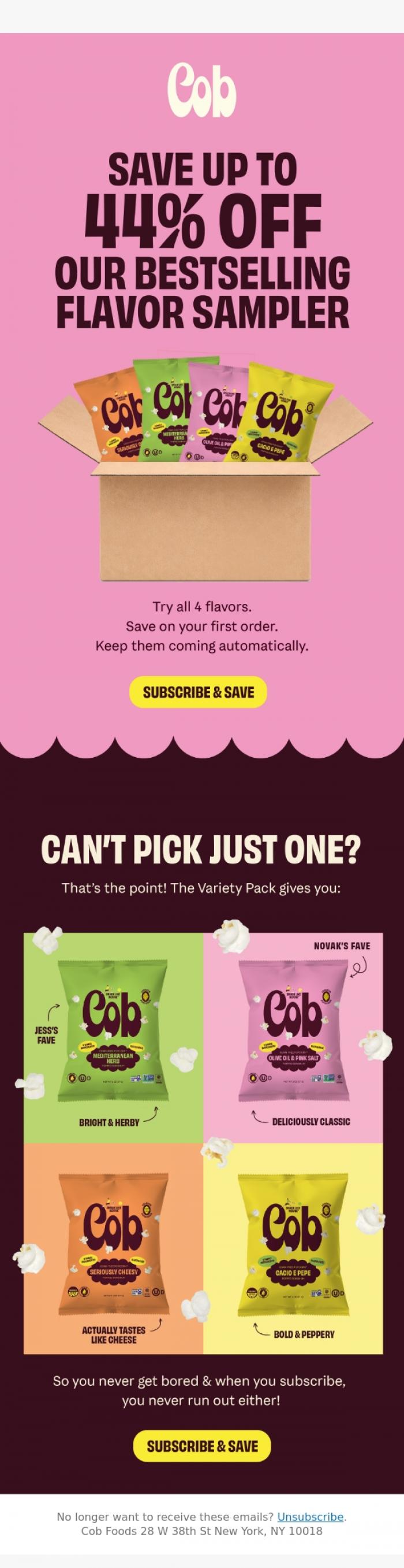 Email Design Inspiration from Jess @ Cob, Our Bestseller is now up to 44% off 🍿
