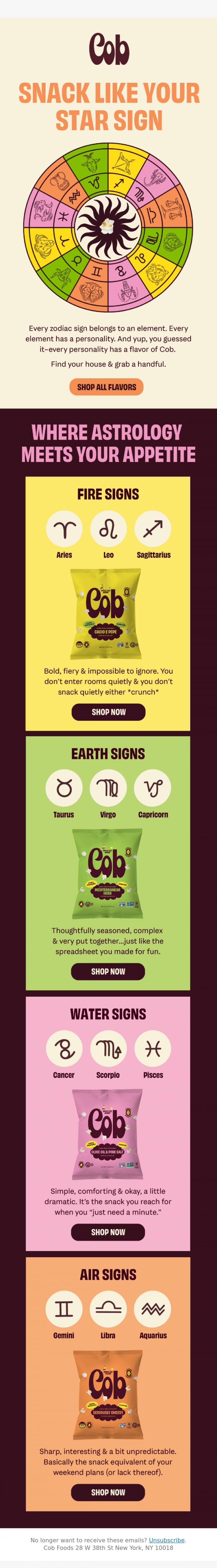 Email Design Inspiration from Jess @ Cob, what's your snack sign? 🔮