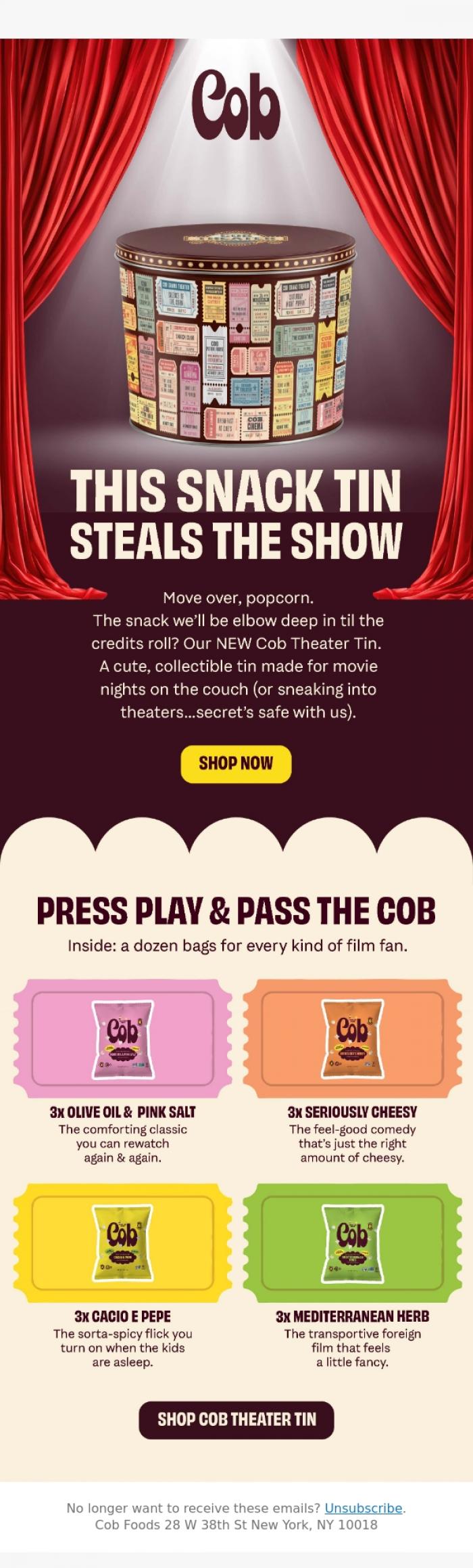 Email Design Inspiration from Jess @ Cob, Now showing: NEW Cob Theater Tin! 🎥🍿🎞️