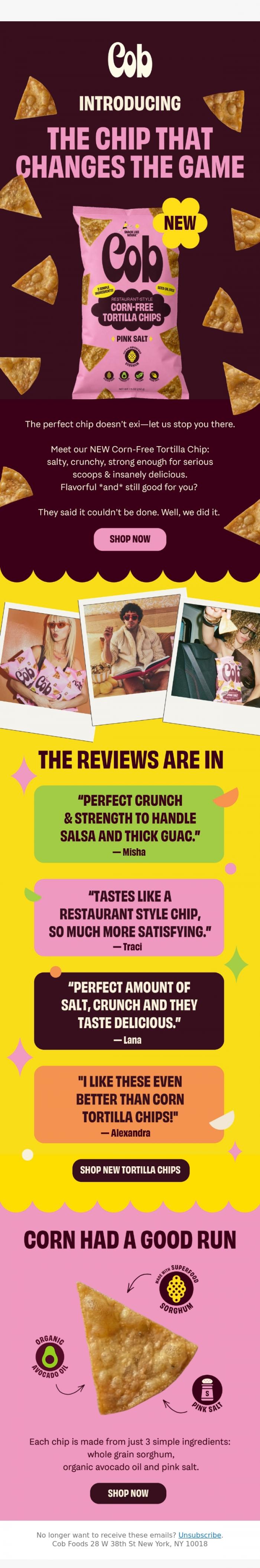 Email Design Inspiration from Jess @ Cob, 🆕 NEW Corn-Free Tortilla Chips are here!!!