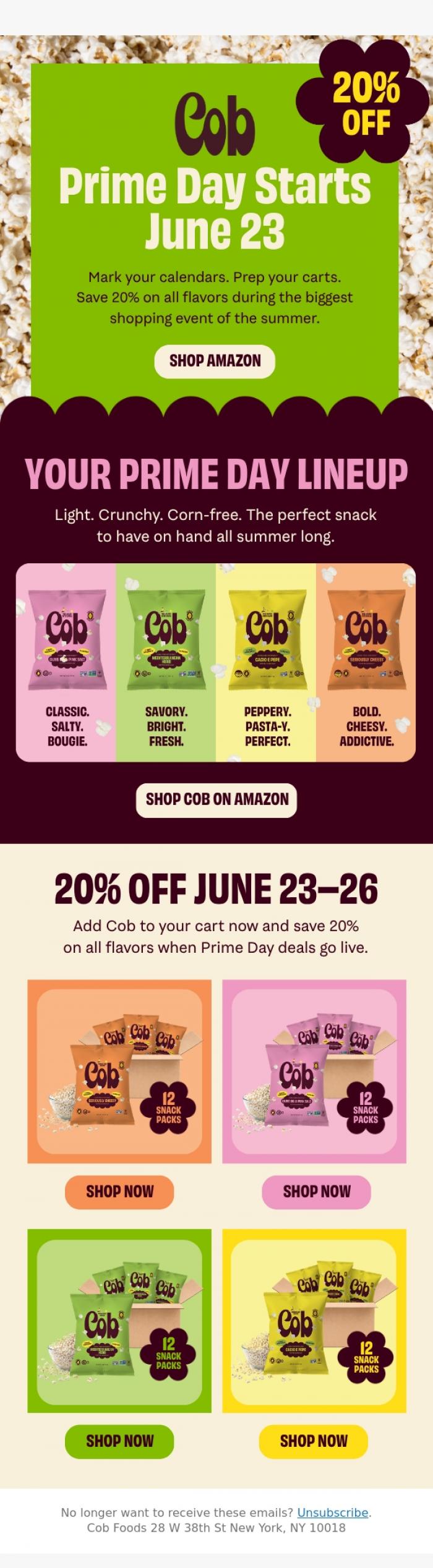 Email Design Inspiration from Jess @ Cob, 🛒 Prime Day Starts June 23-Save 20% on Cob 🍿✨