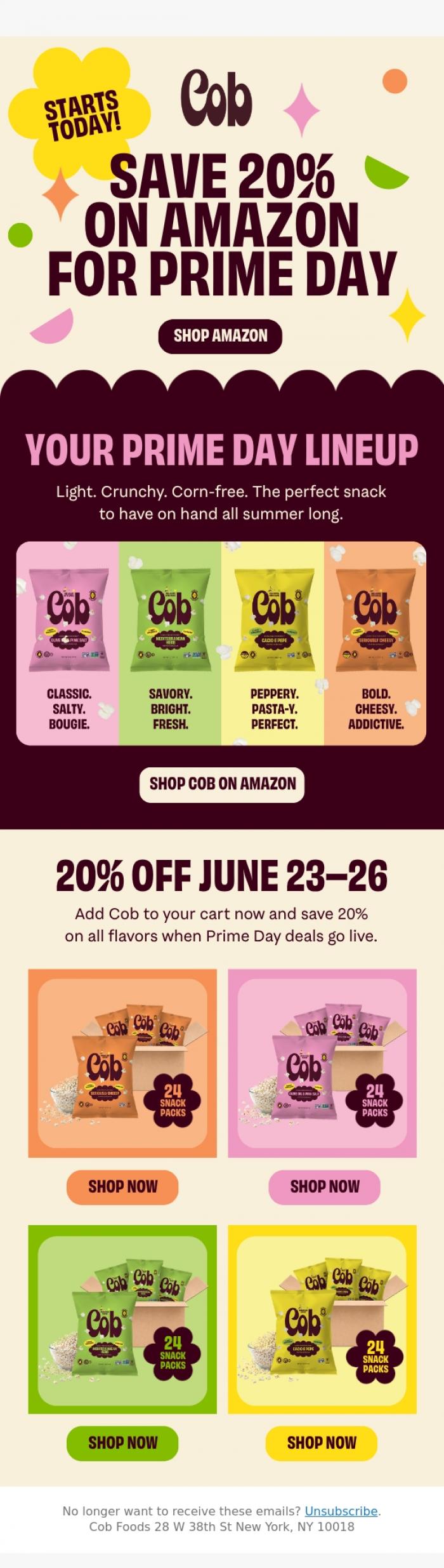 Email Design Inspiration from Jess @ Cob, Prime Day Deal: 20% off all flavors 🛒🍿