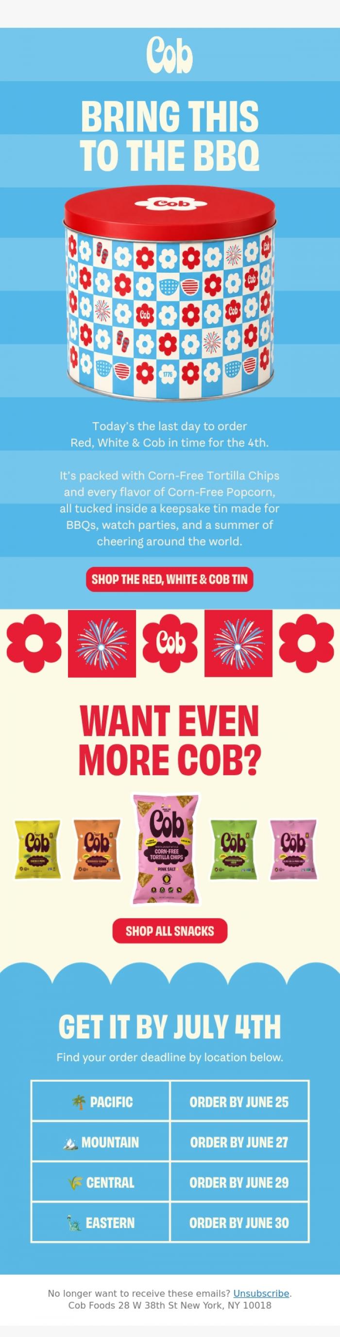 Email Design Inspiration from Jess @ Cob, Last Call for Red, White & Cob 🤍🍿💙