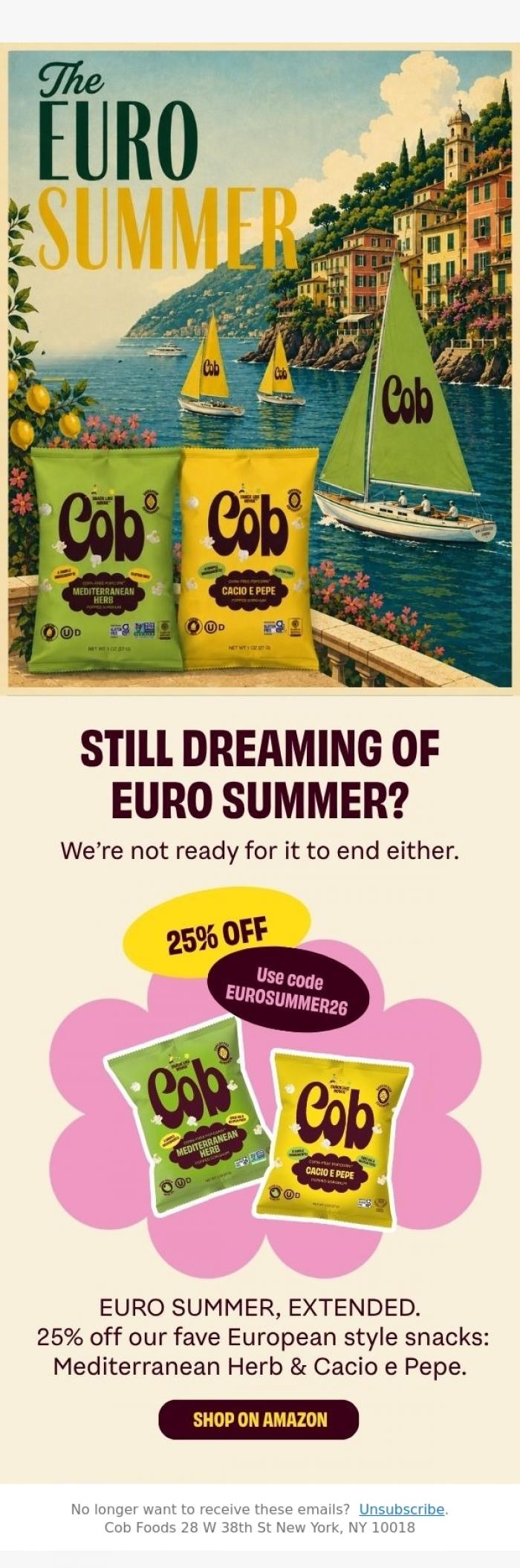 Email Design Inspiration from Jess @ Cob, 25% OFF: Euro Summer isn't over yet ☀️