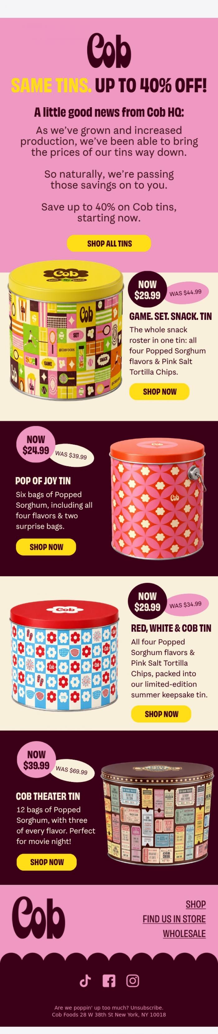 Email Design Inspiration from Jess @ Cob, TIN-CREDIBLE NEWS: UP TO 40% OFF!&nbsp;🎉