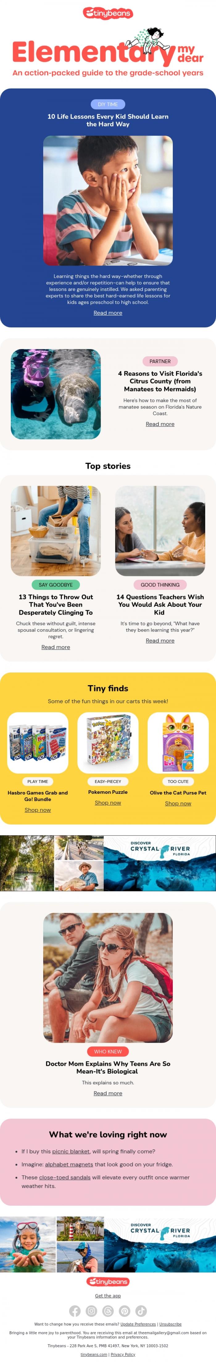 Email Design Inspiration from Jess from Tinybeans, 10 life lessons kids should learn the hard way