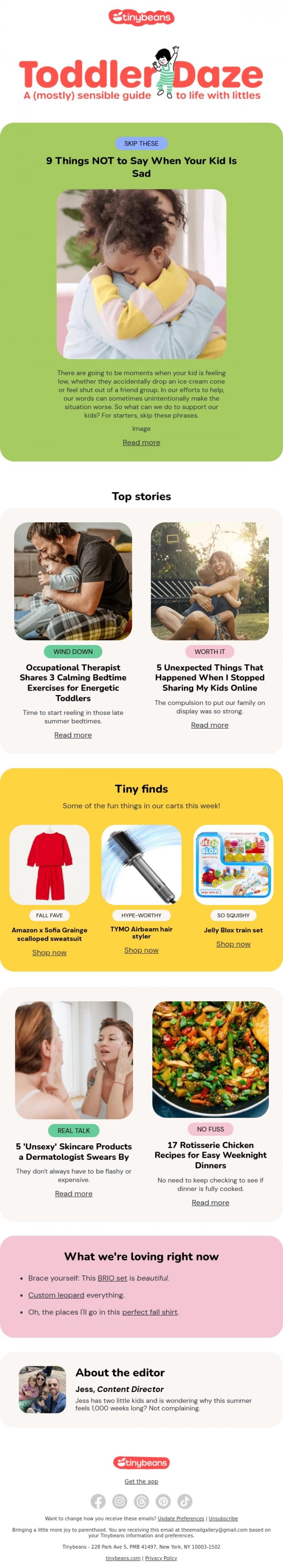 Email Design Inspiration from Jess from Tinybeans, 9 things NOT to say when your kid is sad