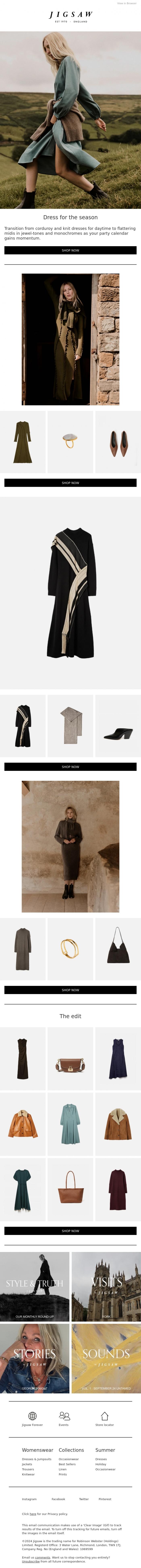 Email Design Inspiration from Jigsaw, Autumn-appropriate dresses