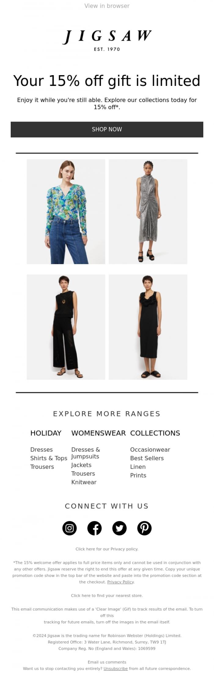 Email Design Inspiration from Jigsaw, Remember your 15% off gift