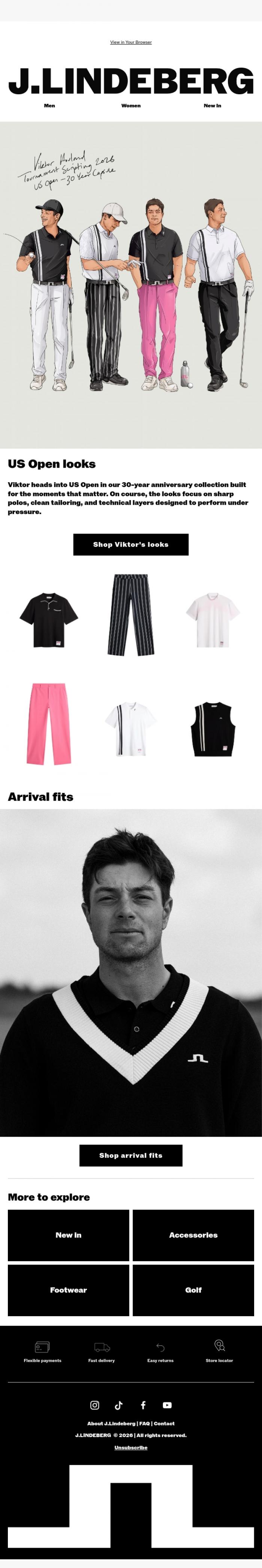 Email Design Inspiration from J.LINDEBERG, Viktor Hovland's looks at US Open