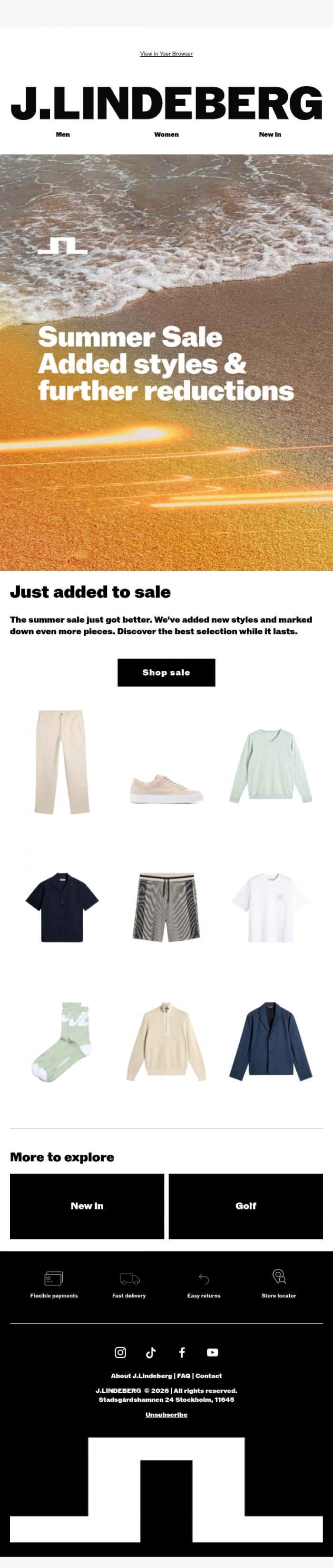 Email Design Inspiration from J.LINDEBERG, Summer Sale: Added Styles & Further Reductions