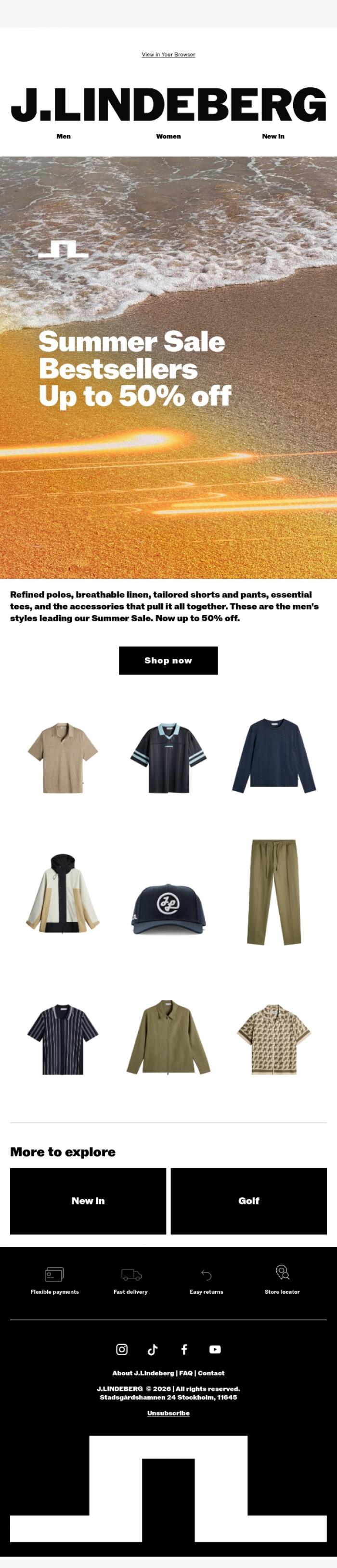 Email Design Inspiration from J.LINDEBERG, Summer Sale Bestsellers: Up to 50% Off