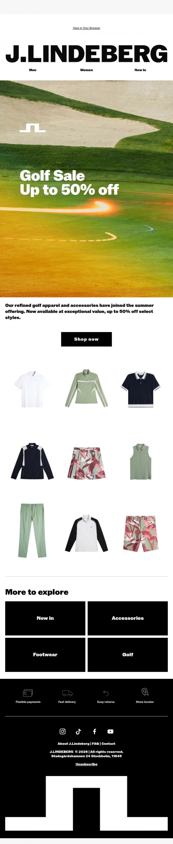 Email Design Inspiration from J.LINDEBERG, New in: Golf Sale - Up to 50% off