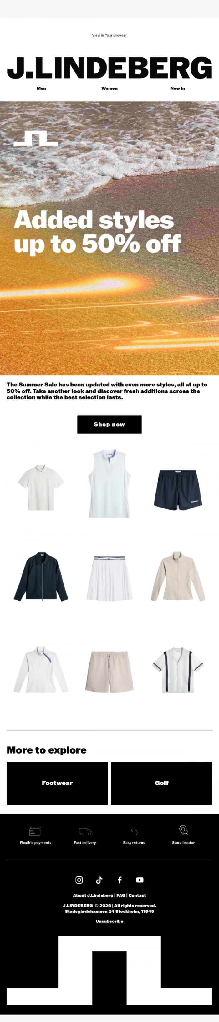 Email Design Inspiration from J.LINDEBERG, Summer sale: More styles added