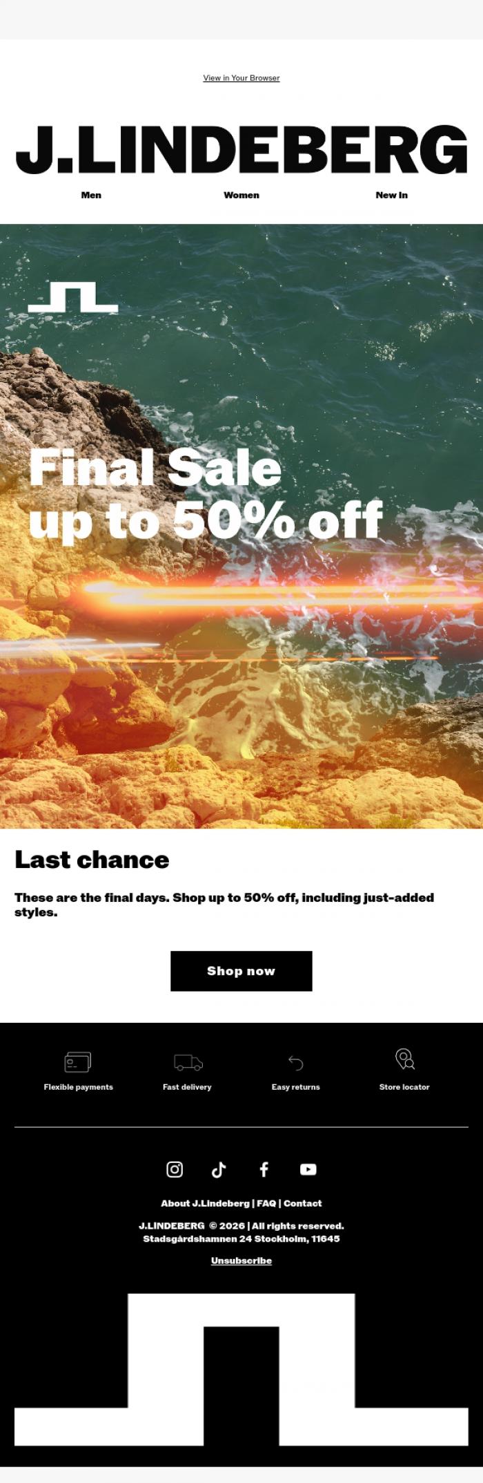 Email Design Inspiration from J.LINDEBERG, Last chance: Up to 50% Off ends soon