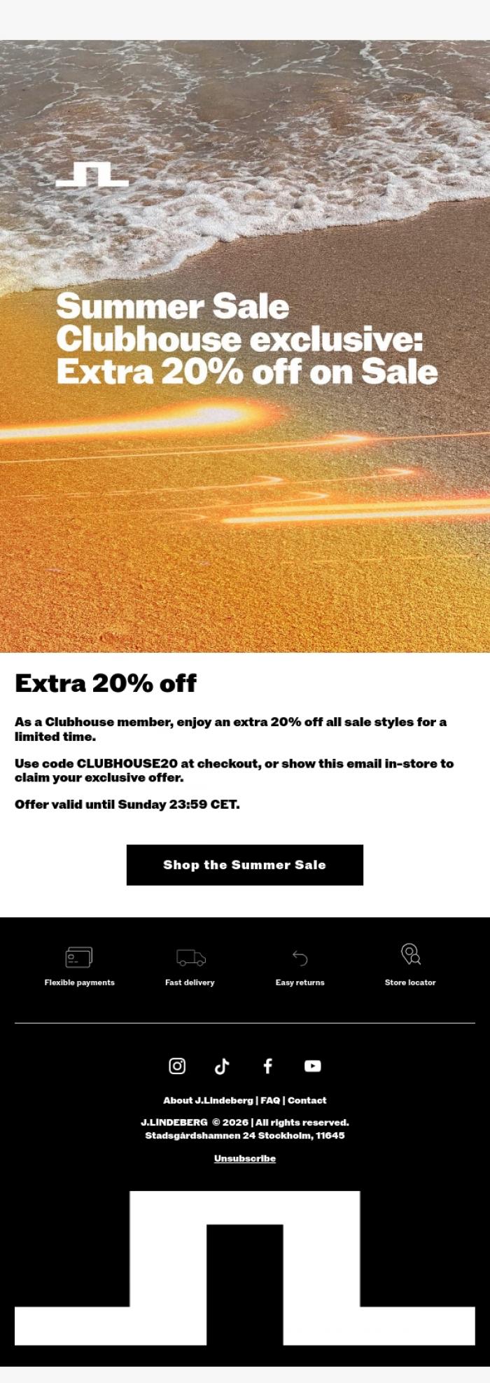 Email Design Inspiration from J.LINDEBERG, Clubhouse Exclusive: Extra 20% Off Sale