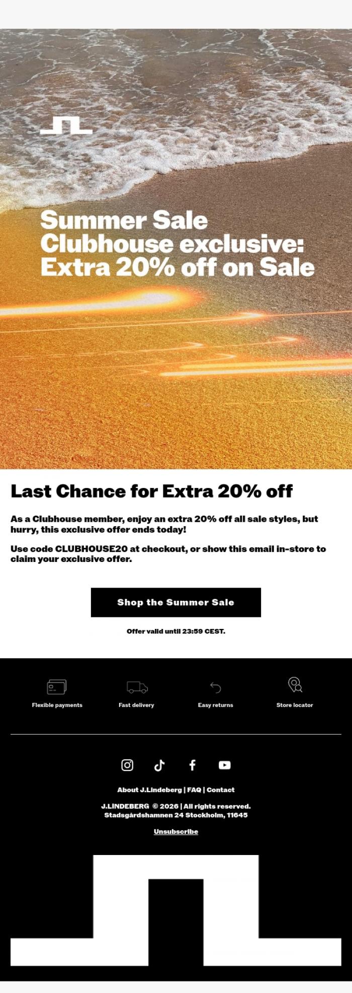 Email Design Inspiration from J.LINDEBERG, Final Call | Extra 20% Off Sale