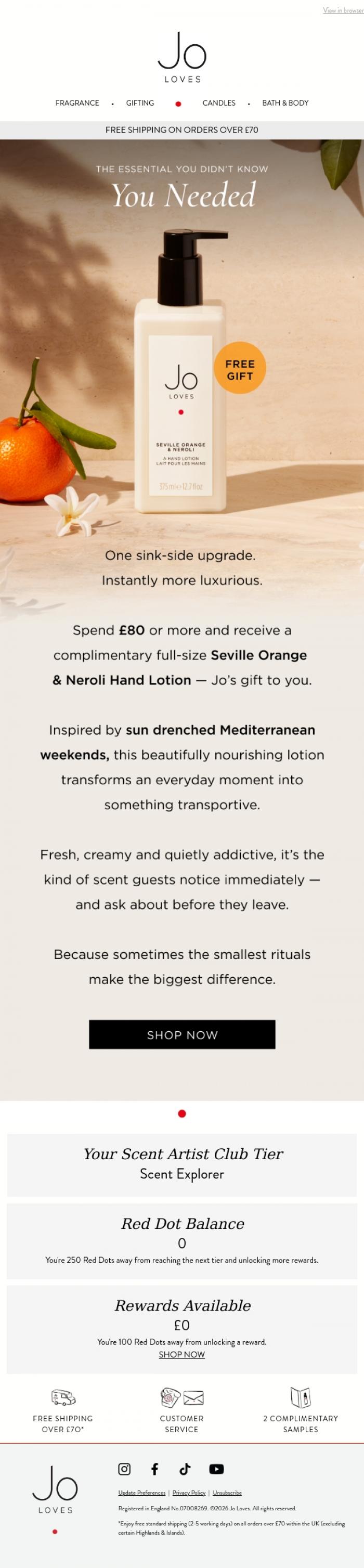 Email Design Inspiration from Jo Loves, Don't miss your Gift from Jo, when you spend &pound;80+