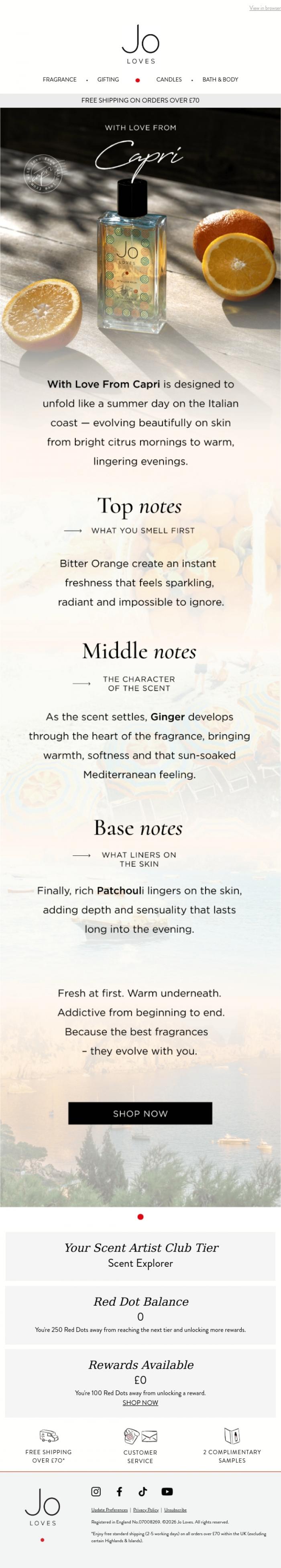 Email Design Inspiration from Jo Loves, Every fragrance is built in layers.