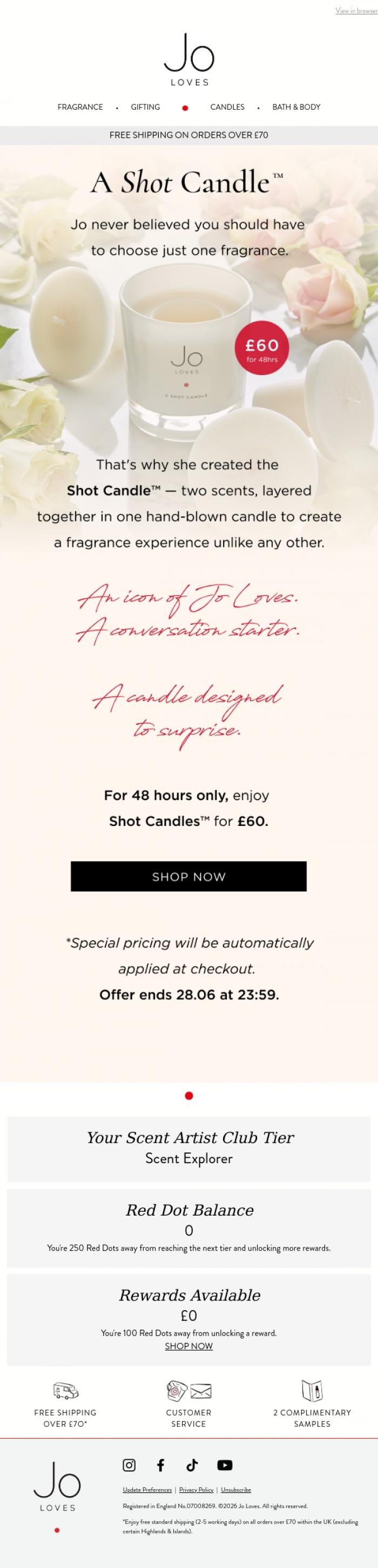 Email Design Inspiration from Jo Loves, Shot Candles&trade; are &pound;60 for 48 hours only.