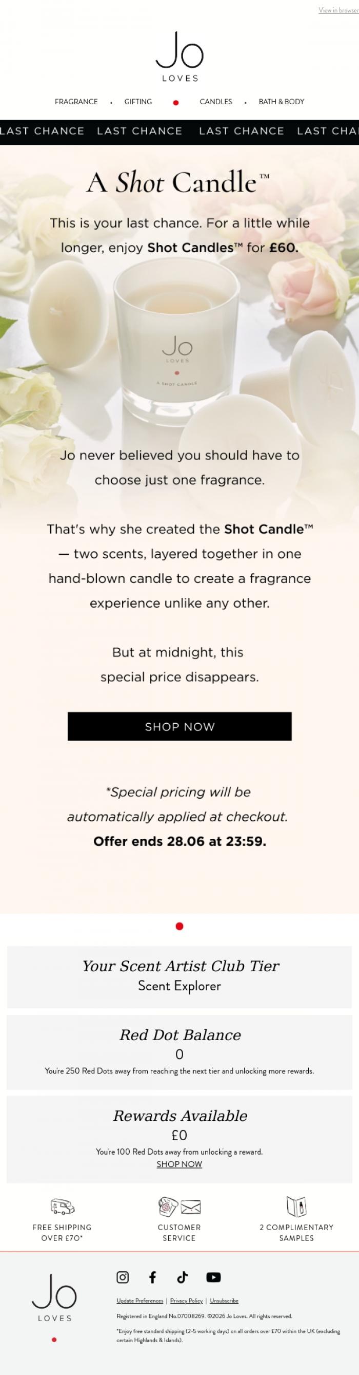 Email Design Inspiration from Jo Loves, Last Chance: Shot Candles&trade; for &pound;60