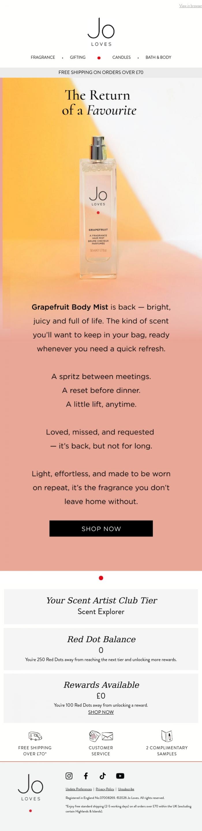 Email Design Inspiration from Jo Loves, Grapefruit Body Mist returns - don't miss it (again).