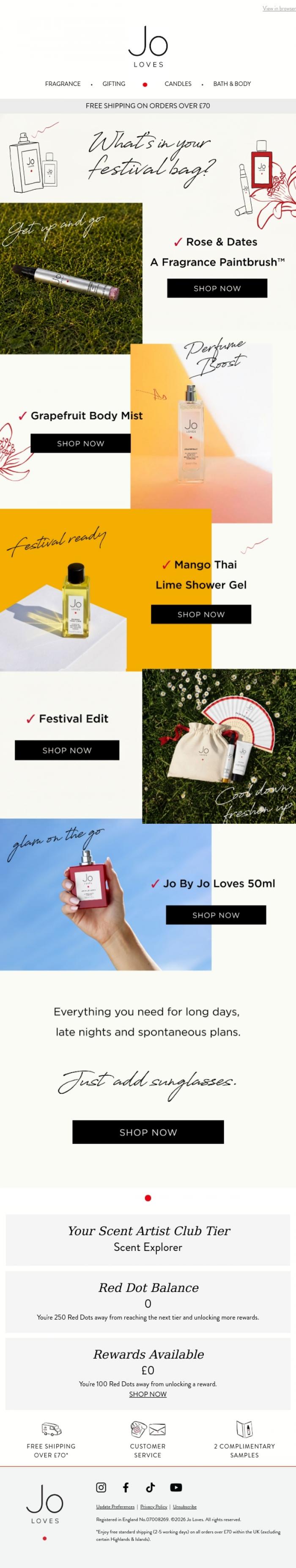 Email Design Inspiration from Jo Loves, What's In Your Festival Bag?