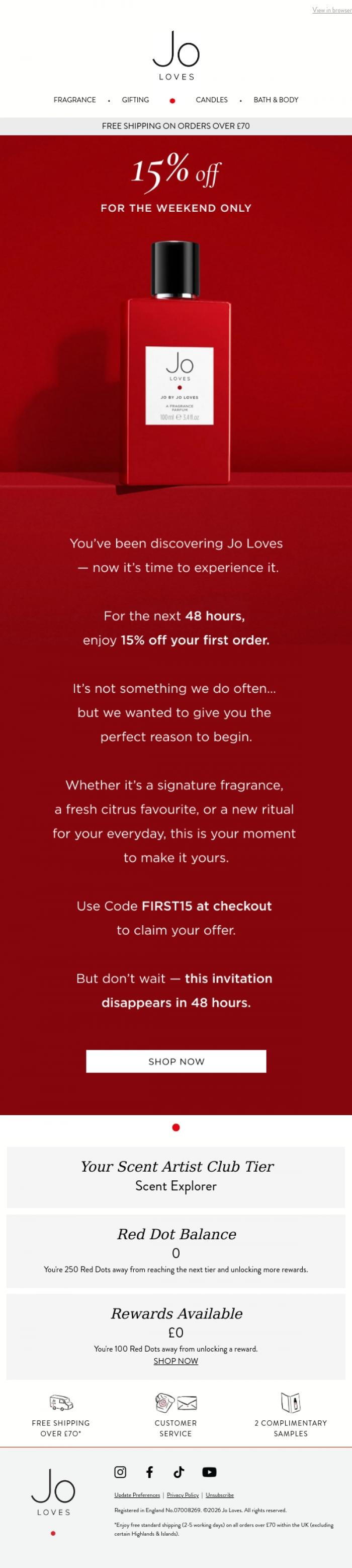 Email Design Inspiration from Jo Loves, A Rare Invitation: 15% Off for 48 Hours