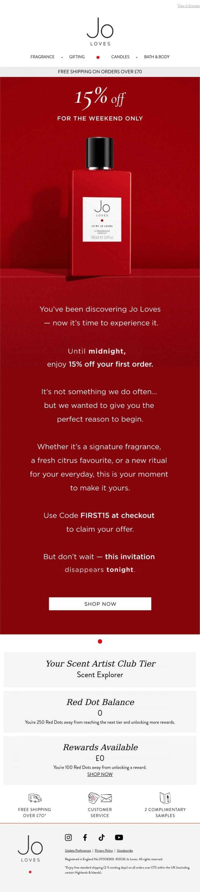 Email Design Inspiration from Jo Loves, Reminder: 15% Off ends tonight