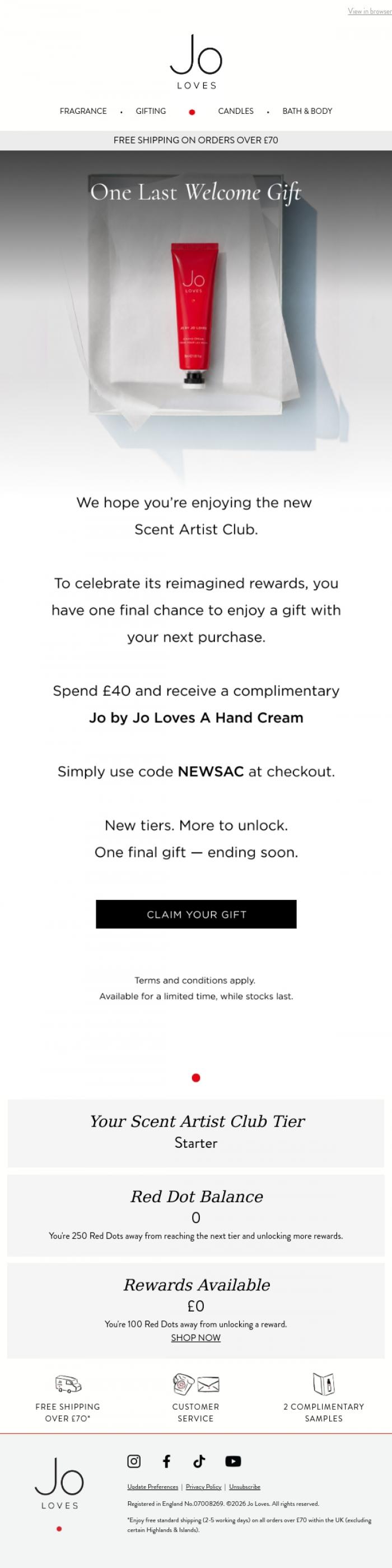 Email Design Inspiration from Jo Loves, Last Chance to Claim Your Gift