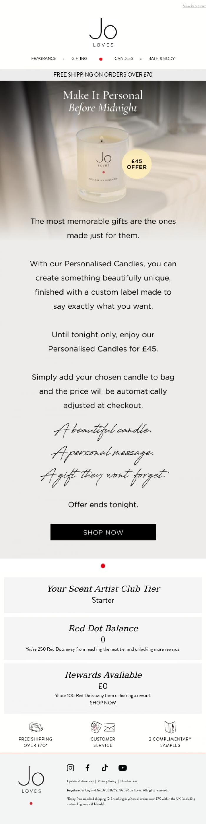 Email Design Inspiration from Jo Loves, Ends Tonight: Personalised Candles for &pound;45