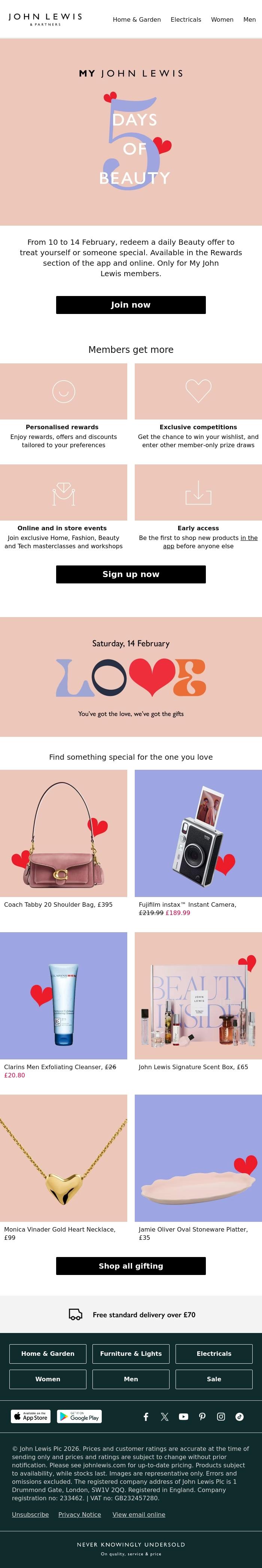 Email Design Inspiration from John Lewis & Partners, Countdown to Valentine's Day with 5 Days of Beauty