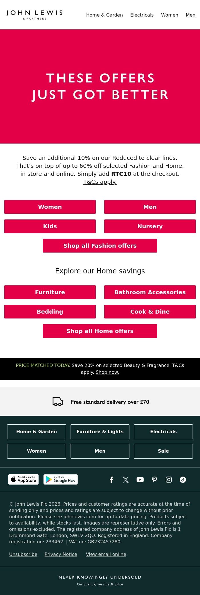 Email Design Inspiration from John Lewis & Partners, Get an extra 10% off Fashion and Home Reduced to clear lines