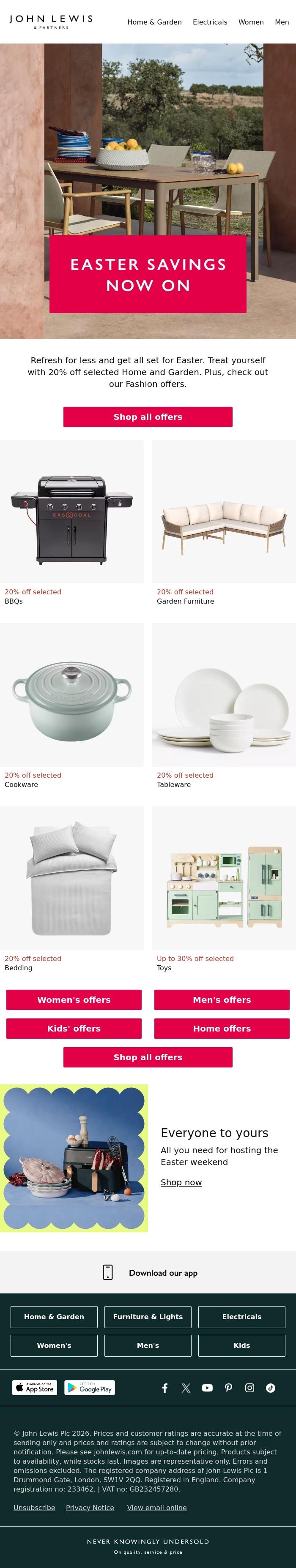 Email Design Inspiration from John Lewis & Partners, Treat yourself this Easter with 20% off selected Home