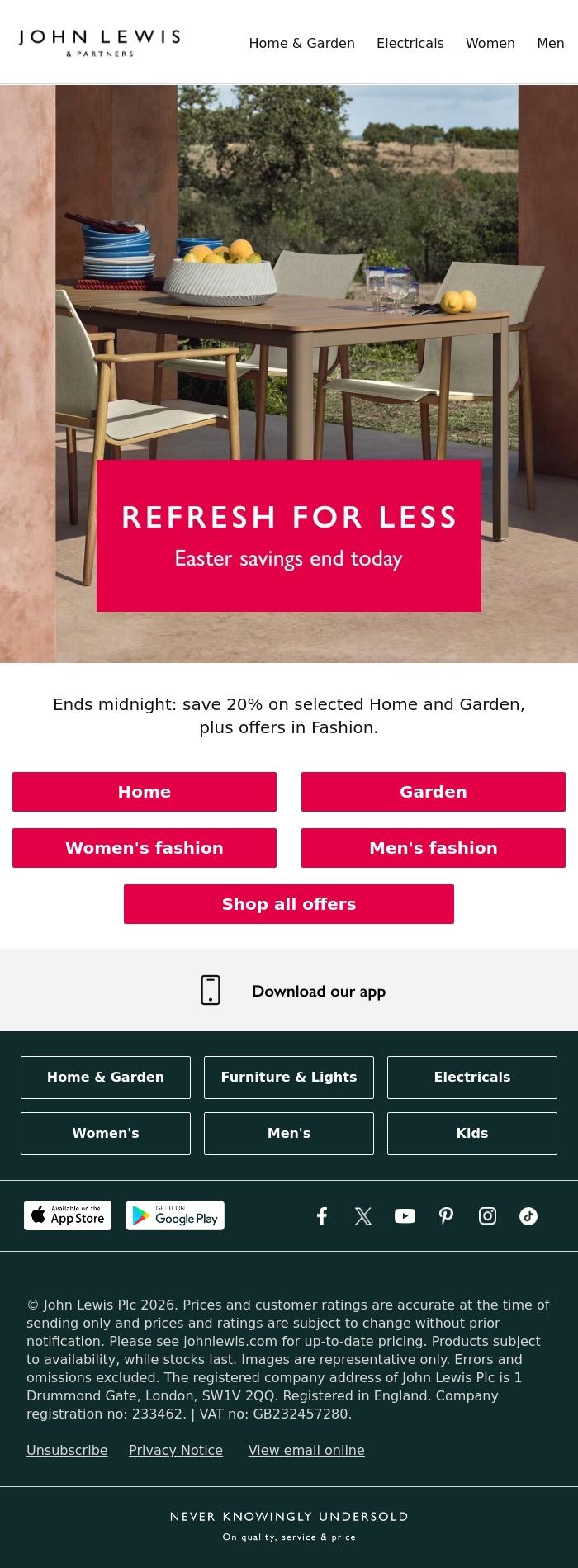Email Design Inspiration from John Lewis & Partners, Refresh for less: savings end today