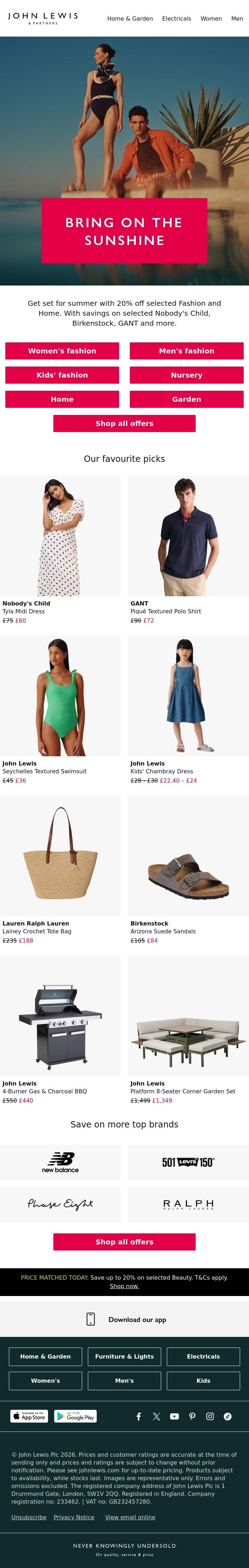 Email Design Inspiration from John Lewis & Partners, Get 20% off selected Fashion and Home