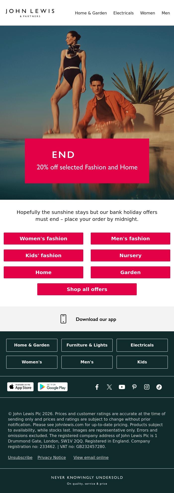 Email Design Inspiration from John Lewis & Partners, Ends today: 20% off selected Fashion and Home