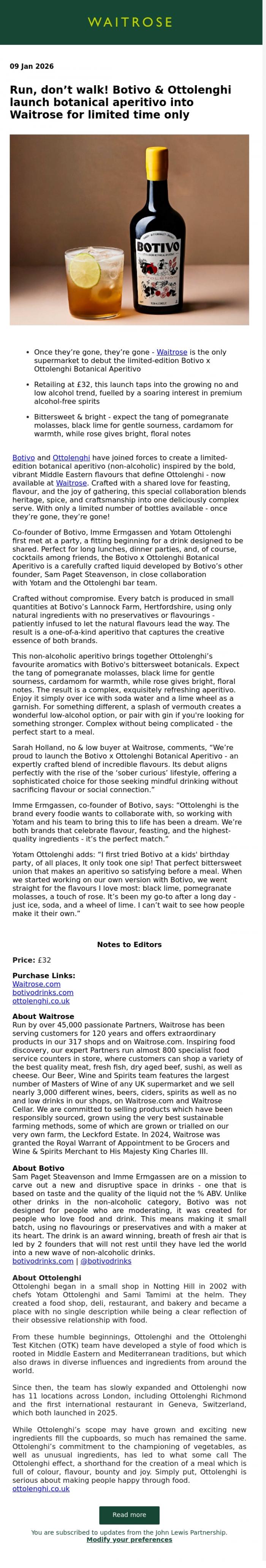 Email Design Inspiration from John Lewis Partnership, Run, don't walk! Botivo & Ottolenghi launch botanical aperitivo into Waitrose for limited time only
