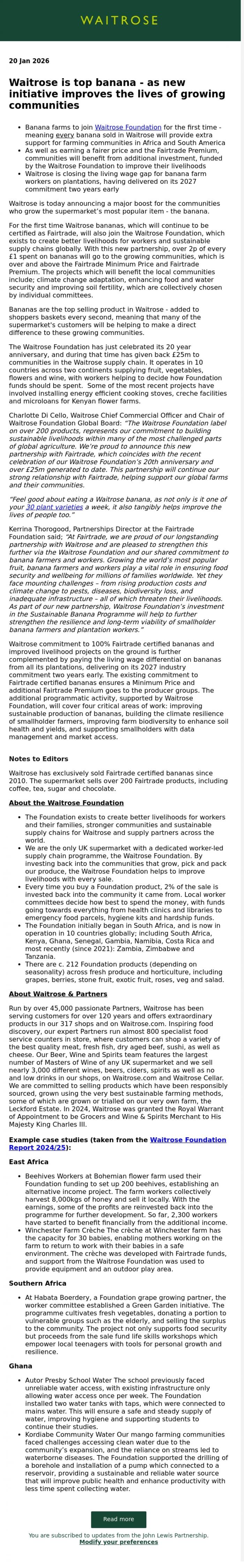 Email Design Inspiration from John Lewis Partnership, Waitrose is top banana - as new initiative improves the lives of growing communities