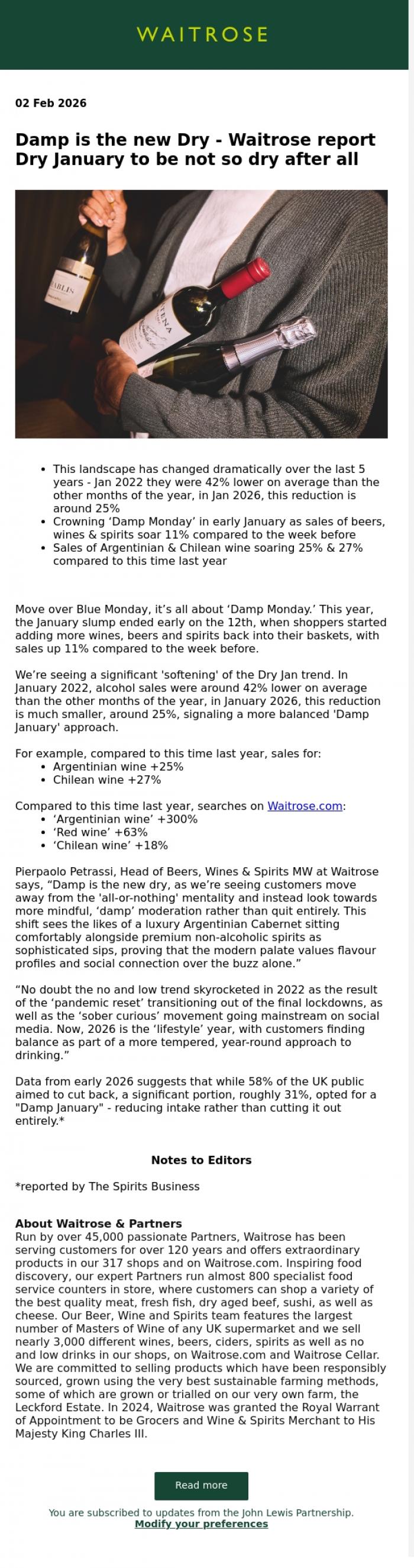 Email Design Inspiration from John Lewis Partnership, Damp is the new Dry - Waitrose report Dry January to be not so dry after all