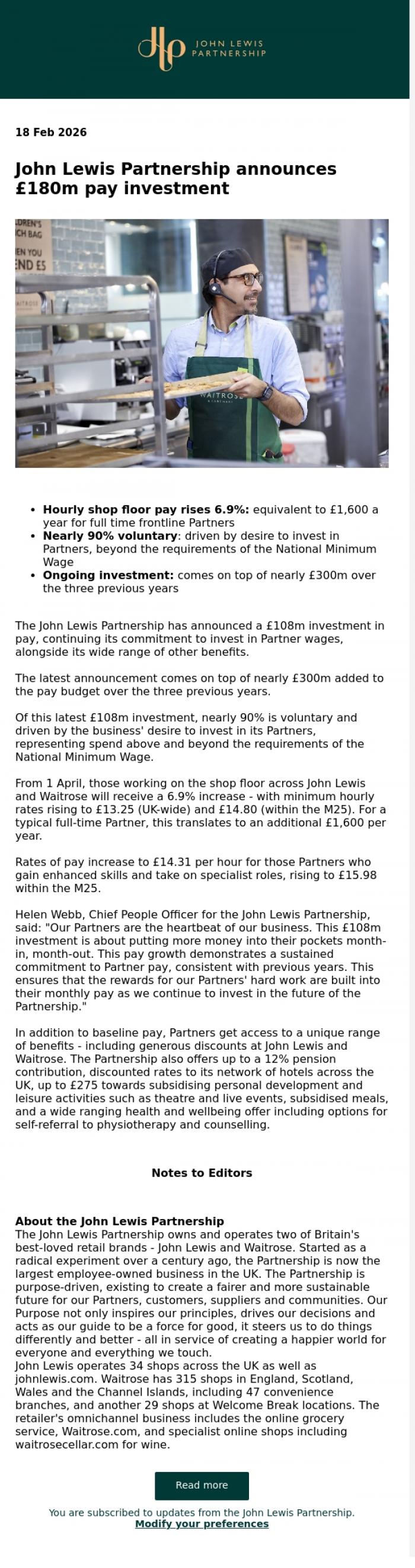 Email Design Inspiration from John Lewis Partnership, John Lewis Partnership announces &pound;180m pay investment